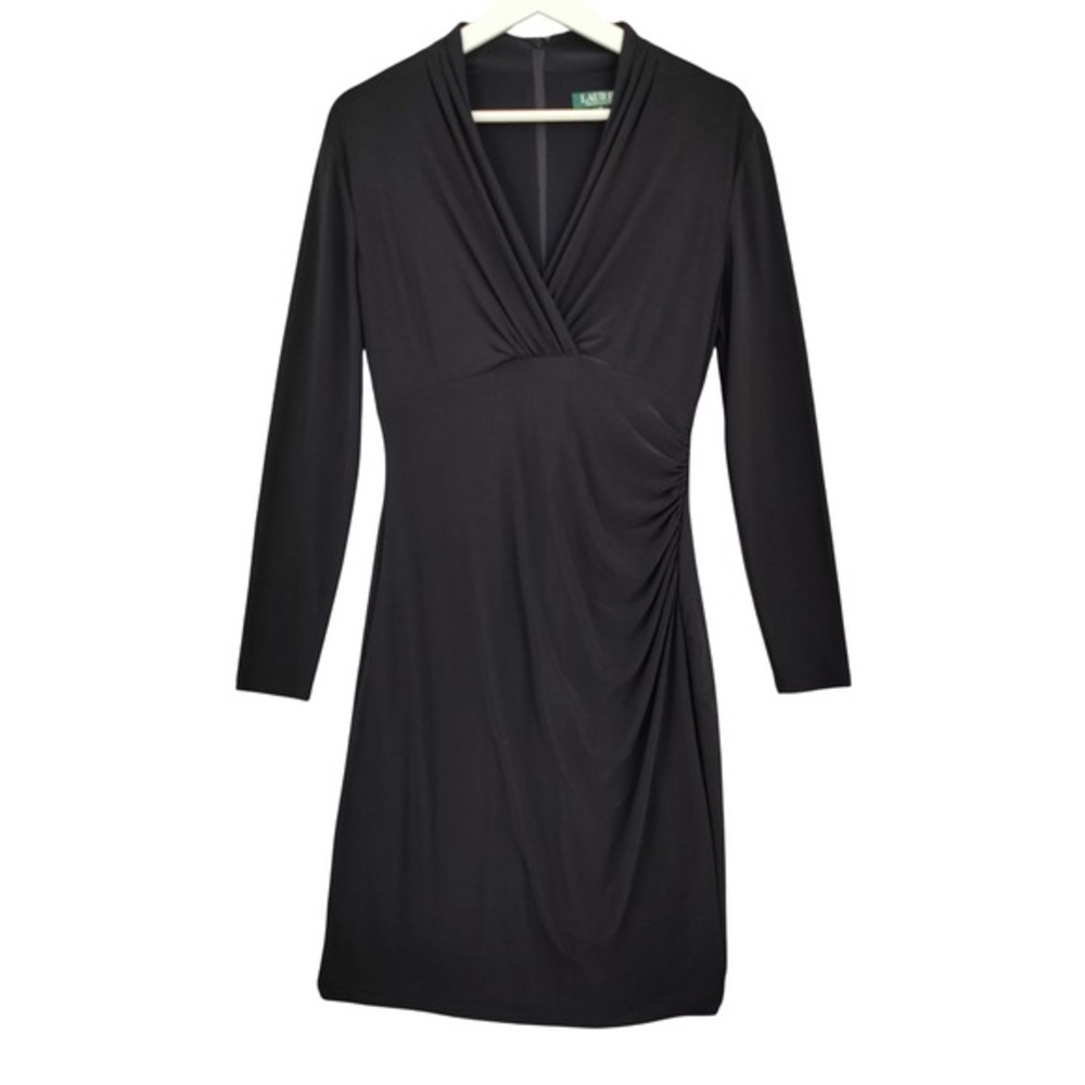 Ralph Lauren LRL Women Elegant LBD Minimalist Ruched Dress 6 Black Long Sleeve